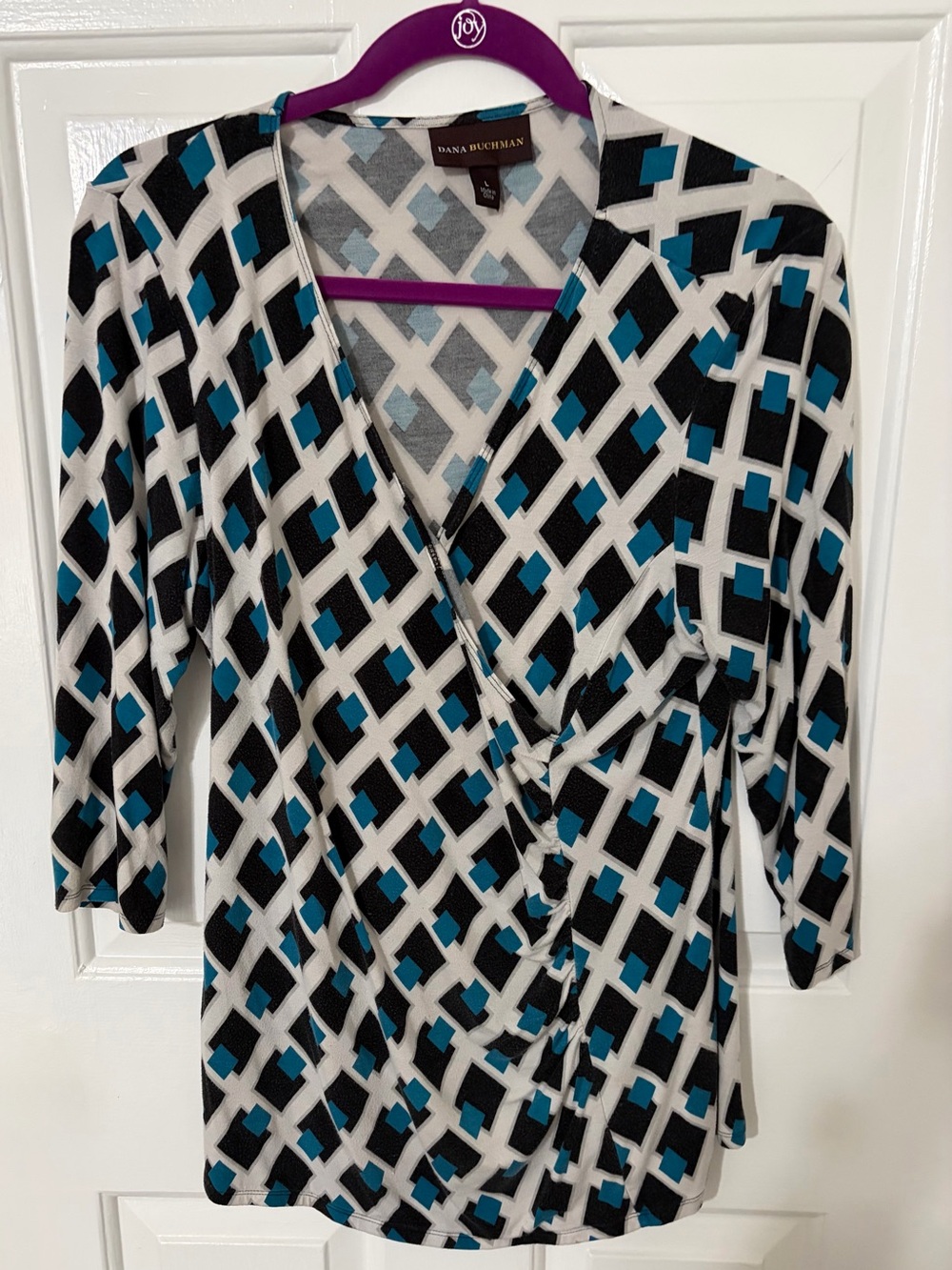 Dana Buchman Teal, Black & White Geometric Wrap-Style Tunic
